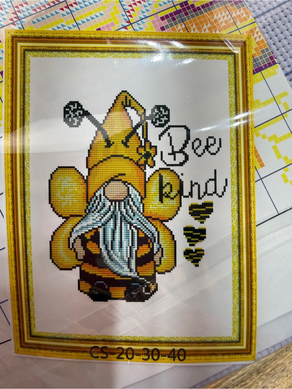 Bee Kind Gnome Cross Stitch Kit | Printed Canvas Bee Craft